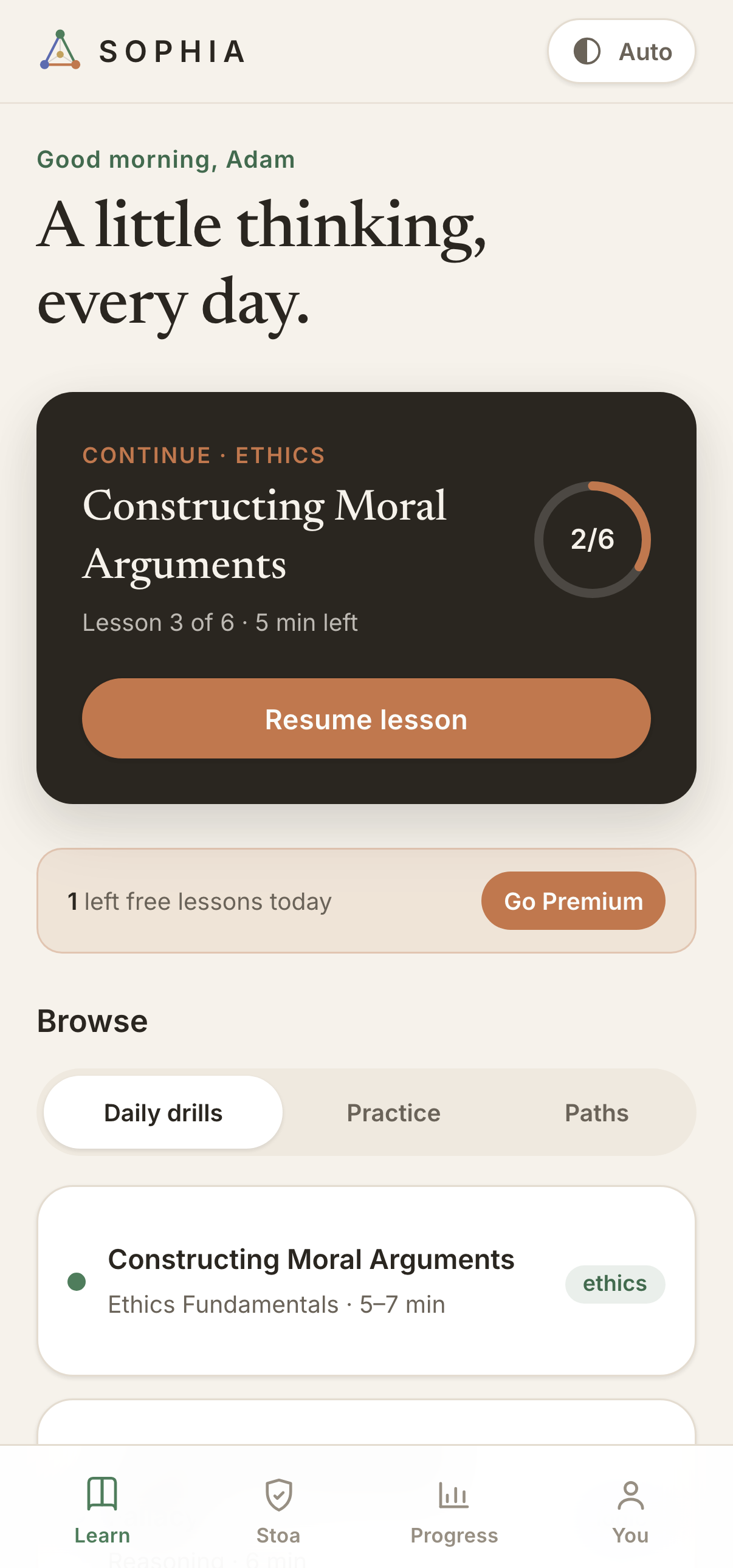 SOPHIA Learn module showing a daily lesson to resume and a list of drills to browse.