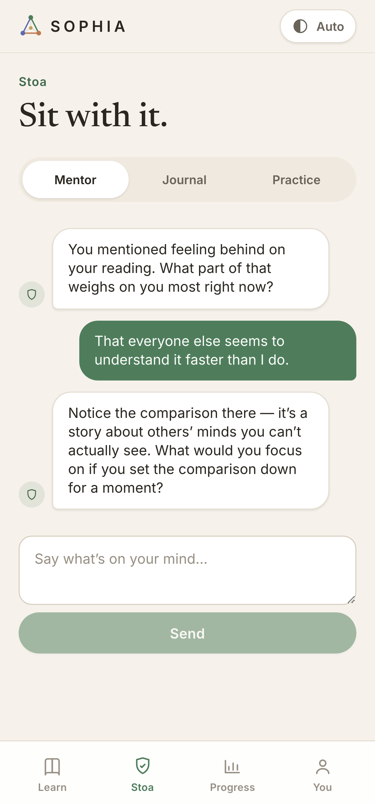 SOPHIA Stoa module showing a reflective conversation with the mentor.